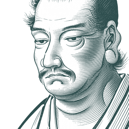 Engraved portrait of Miyamoto Musashi, facing left
