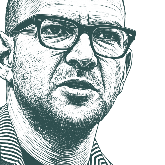Engraved portrait of Cory Doctorow, facing right