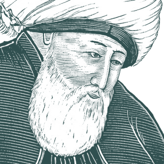 Engraved portrait of Rumi, facing right