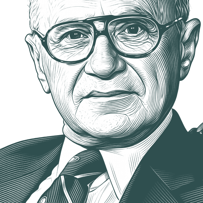 Engraved portrait of Milton Friedman, facing left