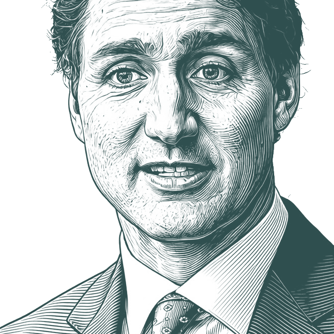 Engraved portrait of Justin Trudeau, facing left