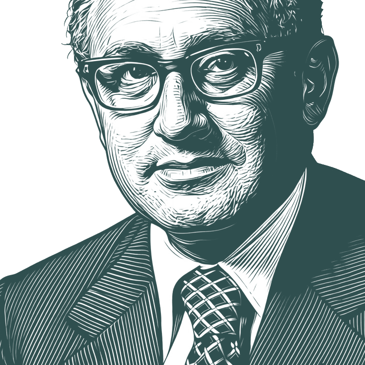 Engraved portrait of Henry Kissinger, facing left