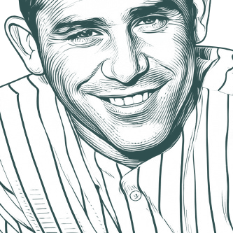 Engraved portrait of Yogi Berra, facing left