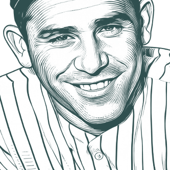 Engraved portrait of Yogi Berra, facing left