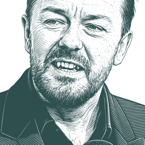 Engraved portrait of Ricky Gervais, facing left