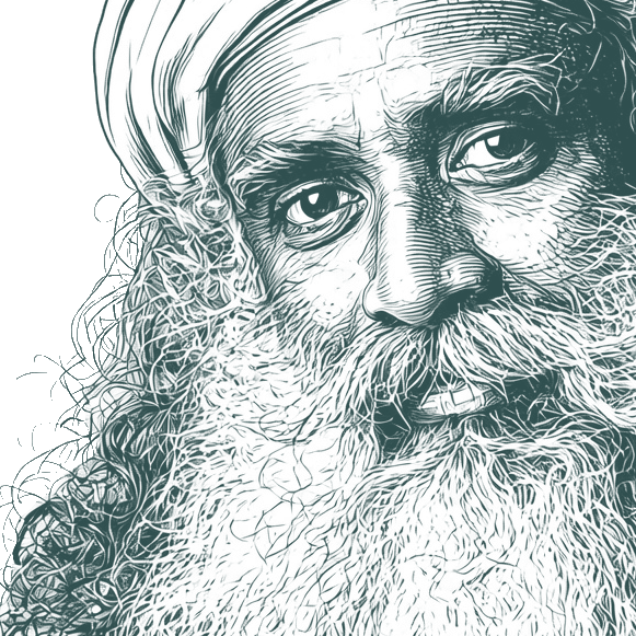 Engraved portrait of Sadhguru, facing left