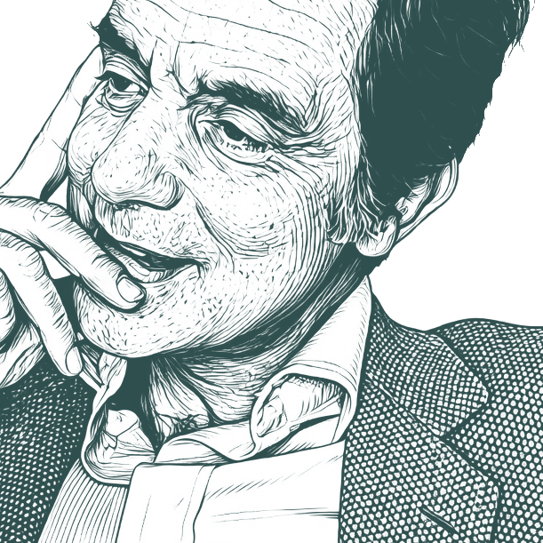 Engraved portrait of Italo Calvino, facing left
