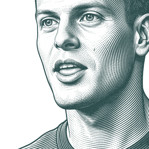 Engraved portrait of Tim Ferriss, facing left