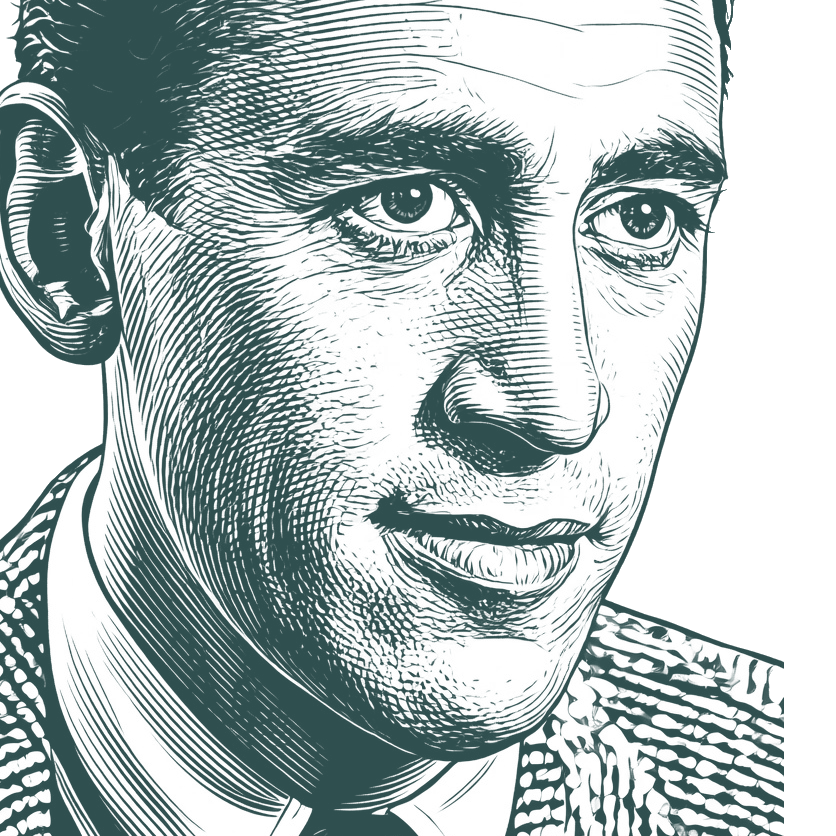 Engraved portrait of J. D. Salinger, facing right