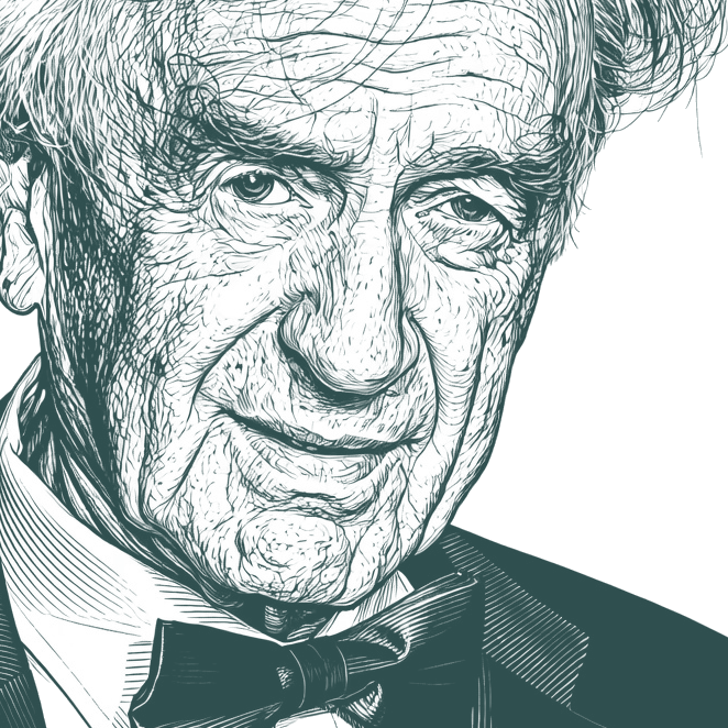 Engraved portrait of Elie Wiesel, facing right