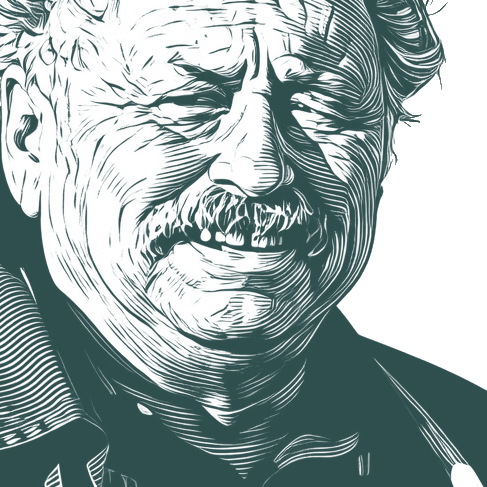 Engraved portrait of Jim Harrison, facing right