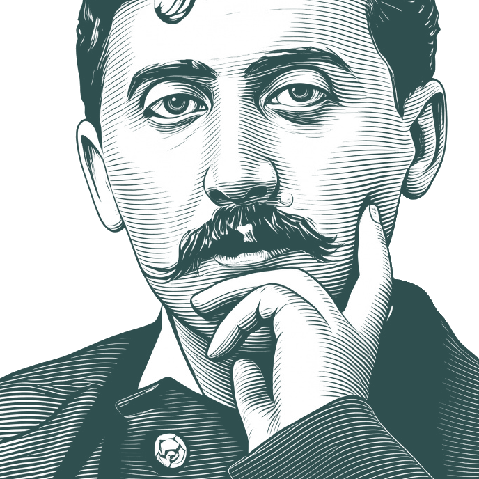 Engraved portrait of Marcel Proust, facing left